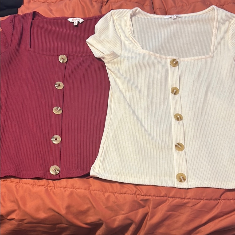 Women's Button-Down Square Neck Tops - Red and Cream